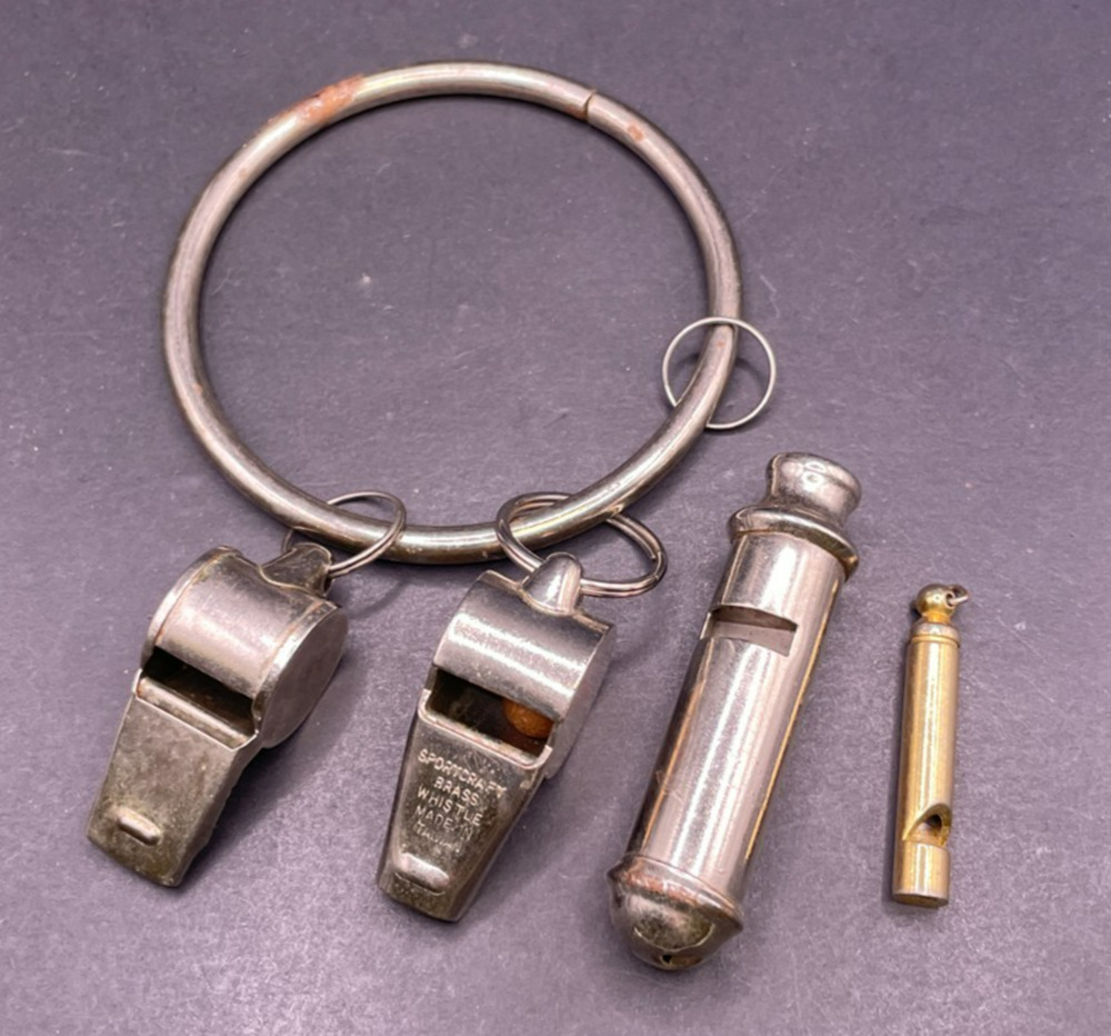 Vintage Metal Whistles Lot Sportcraft Brass Pea Whistle Tube Charm Keyring 4pc